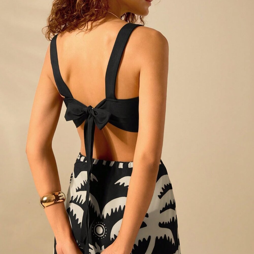 Black Boho Women's Coconut Print Cropped Cami Top And Fitted Maxi Skirt Set - Picture 2 of 7